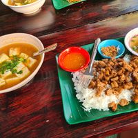 3 layer "pork" with rice and tomato soup with tofu at Pa Yod Shan Vegetarian Cafe in Chiang Mai