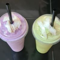 Coconut smoothies with matcha and purple sweet potatoe taste. at Pa Yod Shan Vegetarian Cafe in Chiang Mai