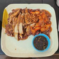 Vegan duck and pork with rice (the chilli sauce is very spicy) at Pa Yod Shan Vegetarian Cafe in Chiang Mai