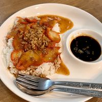 Red ‘pork’ and rice   at Pa Yod Shan Vegetarian Cafe in Chiang Mai