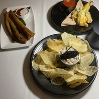 Impossible cigars, fried courgette flowers, chips with caviar and dip.  #Veganuary at Crossroads Kitchen in Las Vegas
