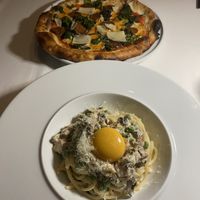 Pepperoni pizza and carbonara  #Veganuary at Crossroads Kitchen in Las Vegas