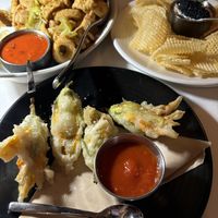 Calamari, squash blossoms, caviar dip  at Crossroads Kitchen in Las Vegas