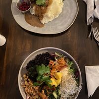 Vegan meatballs and a bowl with mango, chickpeas and other yummy ingredients  at  Verte in Stockholm