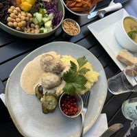 Meatballs. Bbq bowl. Soup of the day, and sweet potato friess  at  Verte in Stockholm