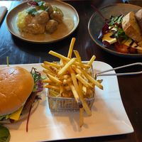 vegan meatballs with mashed potatoes, caprese salad with garlic bread, vegan burger at  Verte in Stockholm
