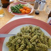 Vegan fusilli + vegetables + pizza Marinara at Fauno Bar in Sorrento