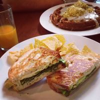 Veggie grilled cheese and the Feast waffle with gravy and tofu scramble at A N D Cafe in Portland
