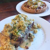 Meatloaf Benedict (yum), and Corndog waffle. Vegan. at A N D Cafe in Portland