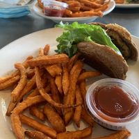 AvoGarden Burger with yam fries, yum❣️ at Swami's Cafe in La Mesa