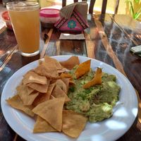 Guacamole with fried tortillas and tamarind water at Ultramarinos Muyil in Felipe Carrillo Puerto
