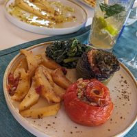 Yemista (stuffed pepper and tomato with rice, paired with potatoes), side of Swiss chard at Panormos in Kefalonia