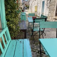 cute outdoor seating area  at Deli Gourmet Falafel in Alacati