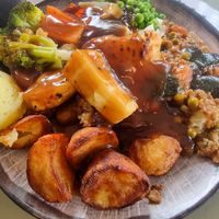 Vegan gravy over our Sunday roast at Walkers Nurseries in Doncaster