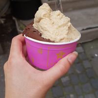 Dark chocolate and raspberry, and hazelnut gelato at Kavarna - Zvezda in Ljubljana