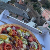  Vegetaria without cheese at the banch over the restaurant   at Pizzeria Kepris in Riomaggiore
