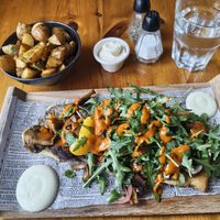 vegan mushroom flatbead with deep-fried mini potatoes and vegan mayo😁 at Salka in Husavik