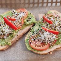 Avocado toast with micro greens, tomato and red bell pepper at Mom's Baking Company in Breckenridge