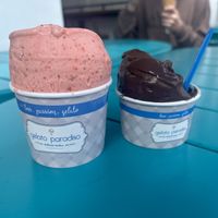 Strawberry (large) and chocolate (regular size)  at Gelato Paradiso in Coronado