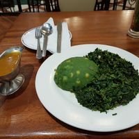 Irio (mashed potatoes, peas and corn) with green veggies. at Bridges Organic Health Restaurant in Nairobi