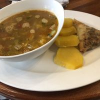 Detox cabbage soup full of fresh veggies and with sweet potatoes and samosa at Bridges Organic Health Restaurant in Nairobi