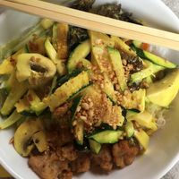 Rice noodles with tofu, soy meat, courgettes, bamboo sprouts and mushrooms at Samadhi in Berlin