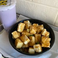 tofu bowl with teriyaki sauce and taro boba with soy milk at K-Bop in Austin