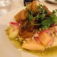 Melon dish with vegan bacon  at Boca Bistro in Lisbon