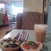 Vegan bagel & soya latte. at Hugos Kaffe in Uppsala