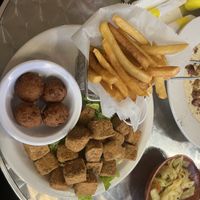 Calypso tofu, corn hushpuppies, and fries  at Eatz On The Corner in Pine Mountain
