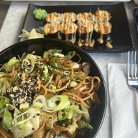 Vegan noodle, beyond-chicken rolls  at Gems in Mellieha
