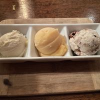 Ice cream L-R: Banana Curry, Peach Chipotle, Pecan Praline  at Vedge in Philadelphia