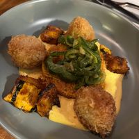 Hominy Fritters & Charred Delicata Squash with refried quinoa, aji amarillo and squash escabeche at Vedge in Philadelphia