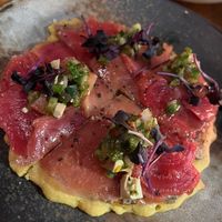 Arepa Pancake with Salt Roasted Chioggia Beets, whipped black garlic & cucumber chimichurri at Vedge in Philadelphia