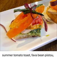 summer tomato toast, fava bean pistou, smoked tofu, charred french beans  at Vedge in Philadelphia