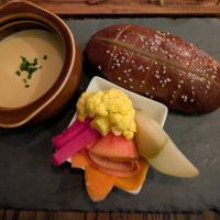 Rutabaga Fondue w/ soft pretzel and pickled veggies at Vedge in Philadelphia