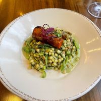 Winter meets spring- yellow foot chanterelles, peas and carrots, melted leeks, fregola, spring garlic pistou  at Vedge in Philadelphia