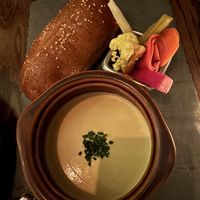 Rutabega fondue with pretzel bread and pickled vegetables   at Vedge in Philadelphia