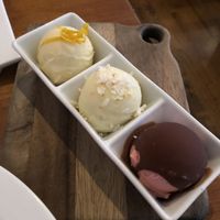 Ice cream/sorbet L to R- creamsicle, piña colada, chocolate covered strawberry at Vedge in Philadelphia
