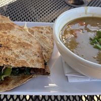 mushroom and kale quesadilla + split pea soup!  at Plant Craft Kitchen in St Louis
