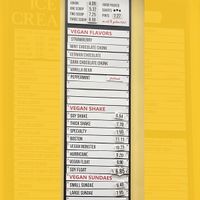 Wall vegan menu board at Purity Ice Cream in Ithaca