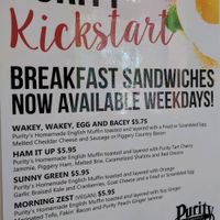 breakfast menu with vegan sandwich option at Purity Ice Cream in Ithaca