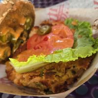 White Bean Lentil Burger:  Whole Wheat Roll, Lettuce, Tomatoes, Chipotle aiolin, *Fried Onions, Jalapeno, No Extras at Purity Ice Cream in Ithaca
