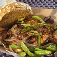 White Bean Lentil Burger:  Whole Wheat Roll, *Grilled Bell Peppers,
*Grilled Mushrooms, *Grilled Onions, No Extras at Purity Ice Cream in Ithaca