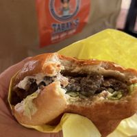 Topped with blue cheese and grilled onions! Amazing!  at Tabay's Mindful Kitchen in Kahului