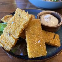 Polenta fries with vegan aioli sauce  at The Selkie  in Tullaghan