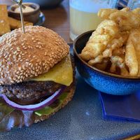 Beyond burger with waffle fries  at The Selkie  in Tullaghan