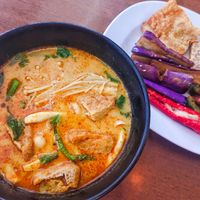laksa soup base and fried Yong Tau Foo at Vegetarian Villas 素雅轩 in West Singapore