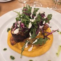 nut roast with carrot sweet potato cream, potatoes, red cabbage & greens   at Cantina don Camillo in Basel