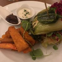 Veggie burger, cashew cheese, spicy mayo, sweet potato wedges (burger had veg bun to make it gluten free!) at Cantina don Camillo in Basel